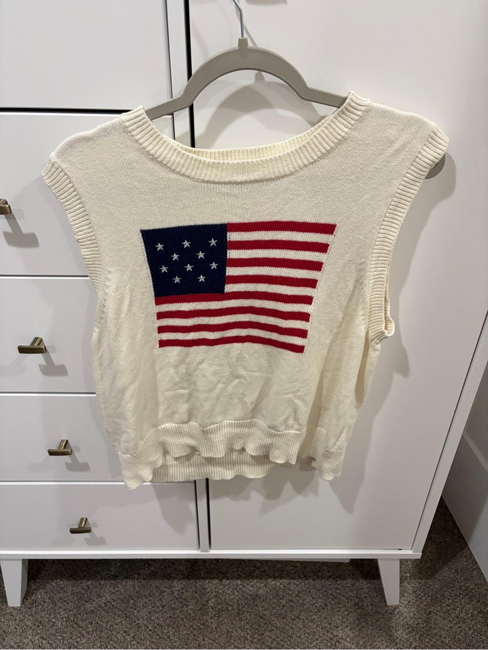 Sadie & Sage Cream Knit Flag Tank with Red & Blue Graphic